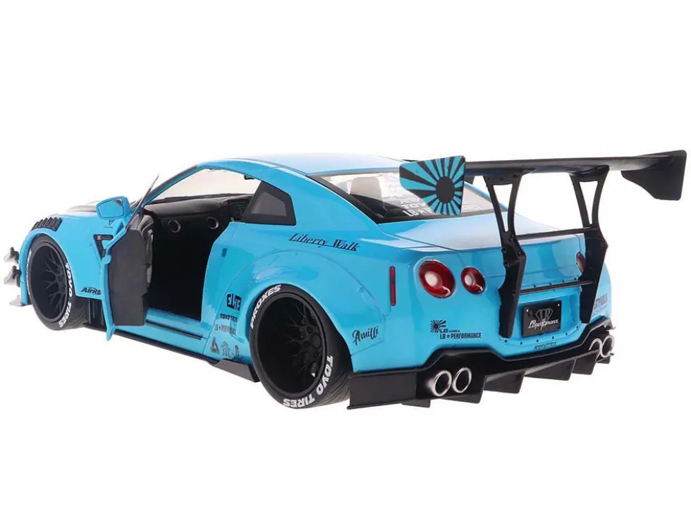 2023 Nissan GT-R (R35) Liberty Walk Body Kit 2.0 RHD (Right Hand Drive) Baby Blue with Carbon Hood 1/18 Diecast Model Car by Solido
