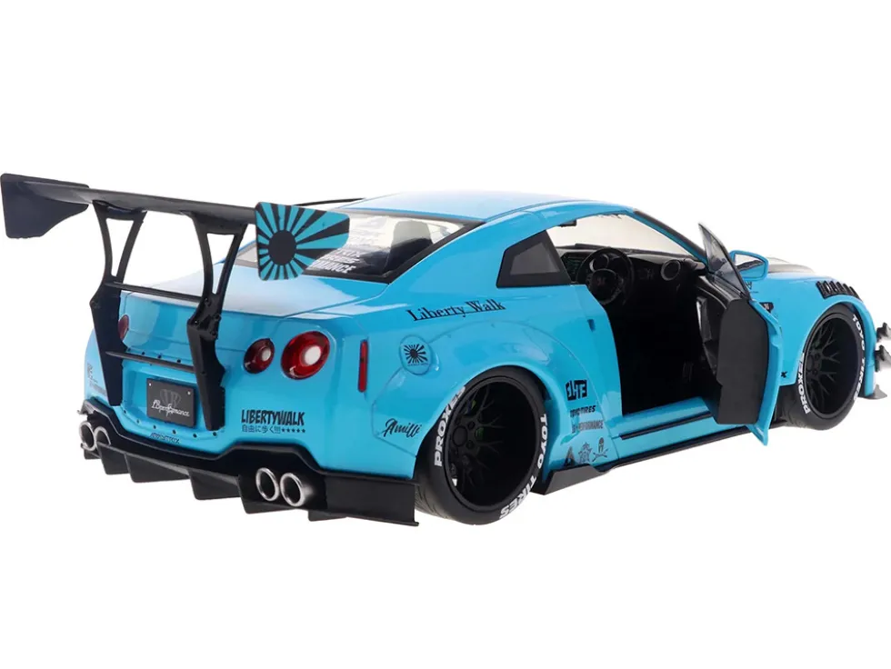 2023 Nissan GT-R (R35) Liberty Walk Body Kit 2.0 RHD (Right Hand Drive) Baby Blue with Carbon Hood 1/18 Diecast Model Car by Solido