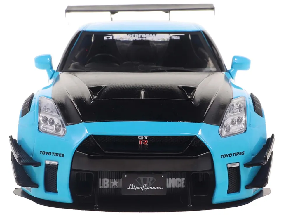 2023 Nissan GT-R (R35) Liberty Walk Body Kit 2.0 RHD (Right Hand Drive) Baby Blue with Carbon Hood 1/18 Diecast Model Car by Solido