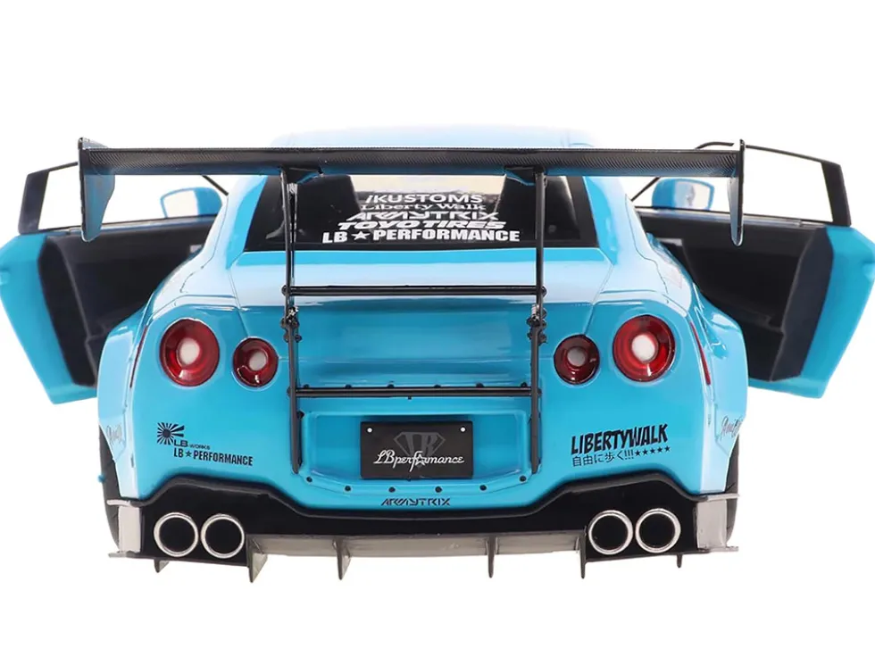 2023 Nissan GT-R (R35) Liberty Walk Body Kit 2.0 RHD (Right Hand Drive) Baby Blue with Carbon Hood 1/18 Diecast Model Car by Solido