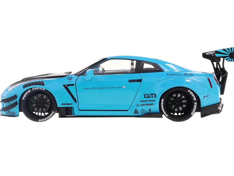 2023 Nissan GT-R (R35) Liberty Walk Body Kit 2.0 RHD (Right Hand Drive) Baby Blue with Carbon Hood 1/18 Diecast Model Car by Solido