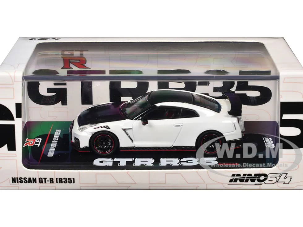 Nissan GT-R (R35) Nismo RHD (Right Hand Drive) White with Carbon Hood and Top 1/64 Diecast Model Car by Inno Models