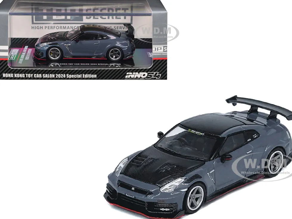 2024 Nissan GT-R (R35) Nismo "Top Secret" RHD (Right Hand Drive) Gray with Carbon Hood and Top "Hong Kong Toy Car Salon 2024 Special Edition" 1/64 Diecast Model Car by Inno Models