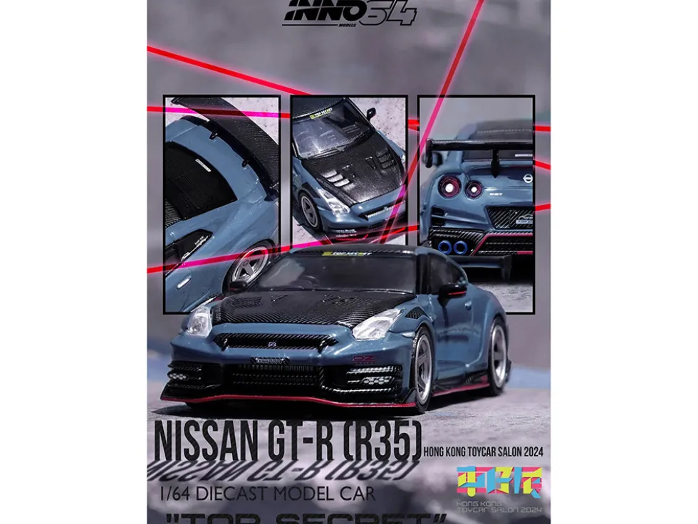2024 Nissan GT-R (R35) Nismo "Top Secret" RHD (Right Hand Drive) Gray with Carbon Hood and Top "Hong Kong Toy Car Salon 2024 Special Edition" 1/64 Diecast Model Car by Inno Models