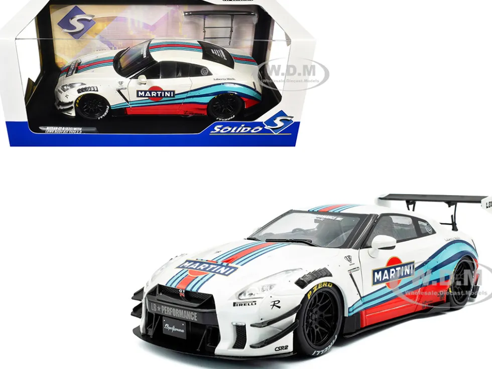2024 Nissan GT-R (R35) RHD (Right Hand Drive) with Liberty Walk 2.0 Body Kit "Martini Racing" White with Stripes 1/18 Diecast Model Car by Solido