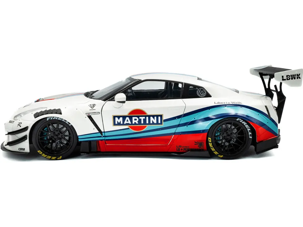 2024 Nissan GT-R (R35) RHD (Right Hand Drive) with Liberty Walk 2.0 Body Kit "Martini Racing" White with Stripes 1/18 Diecast Model Car by Solido