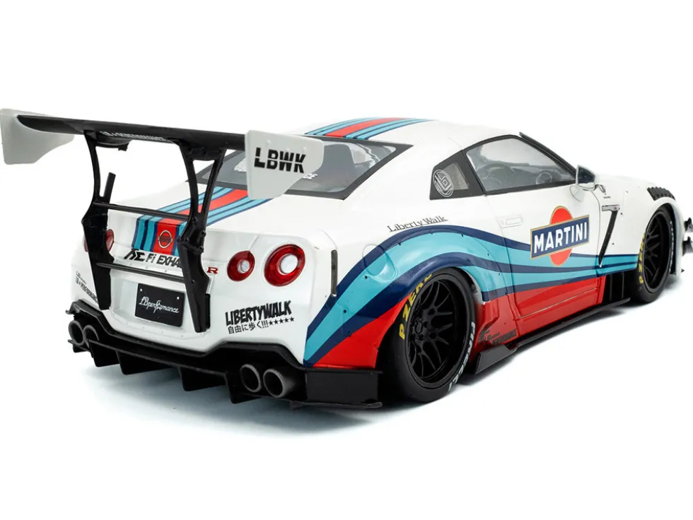 2024 Nissan GT-R (R35) RHD (Right Hand Drive) with Liberty Walk 2.0 Body Kit "Martini Racing" White with Stripes 1/18 Diecast Model Car by Solido
