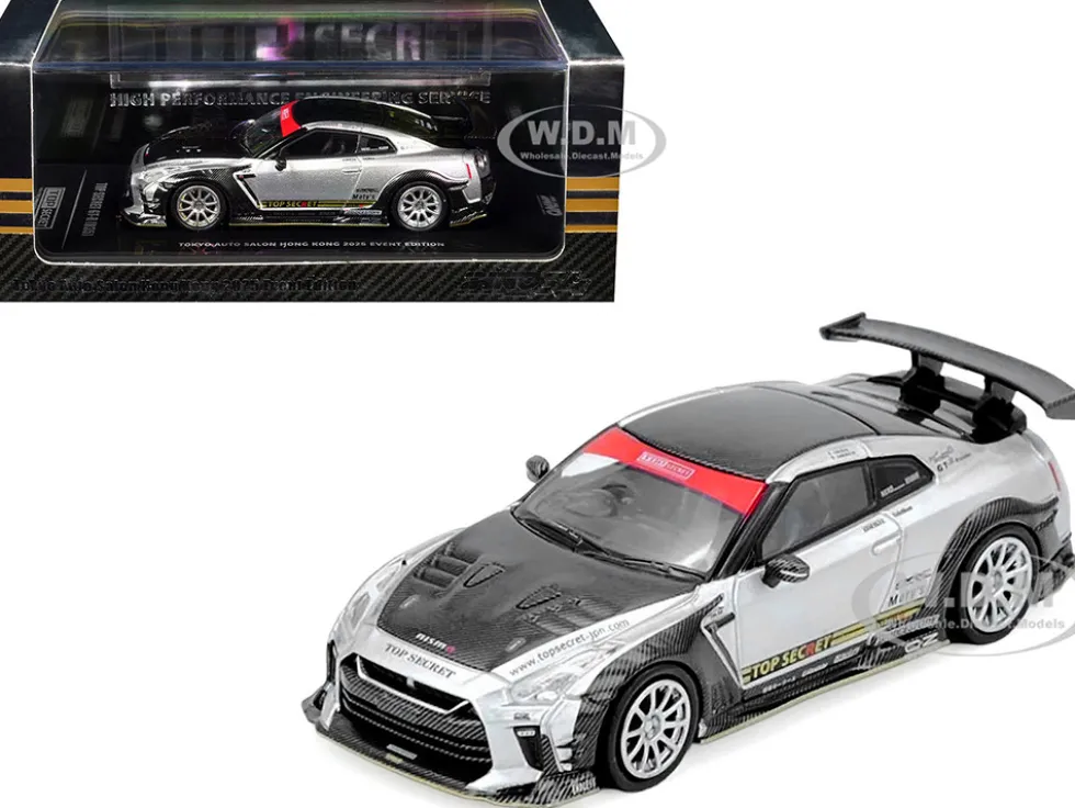 Nissan GT-R (R35) Top Secret RHD (Right Hand Drive) Silver Metallic with Carbon Hood and Top "Tokyo Auto Salon Hong Kong 2025 Event Edition" 1/64 Diecast Model Car by Inno Models