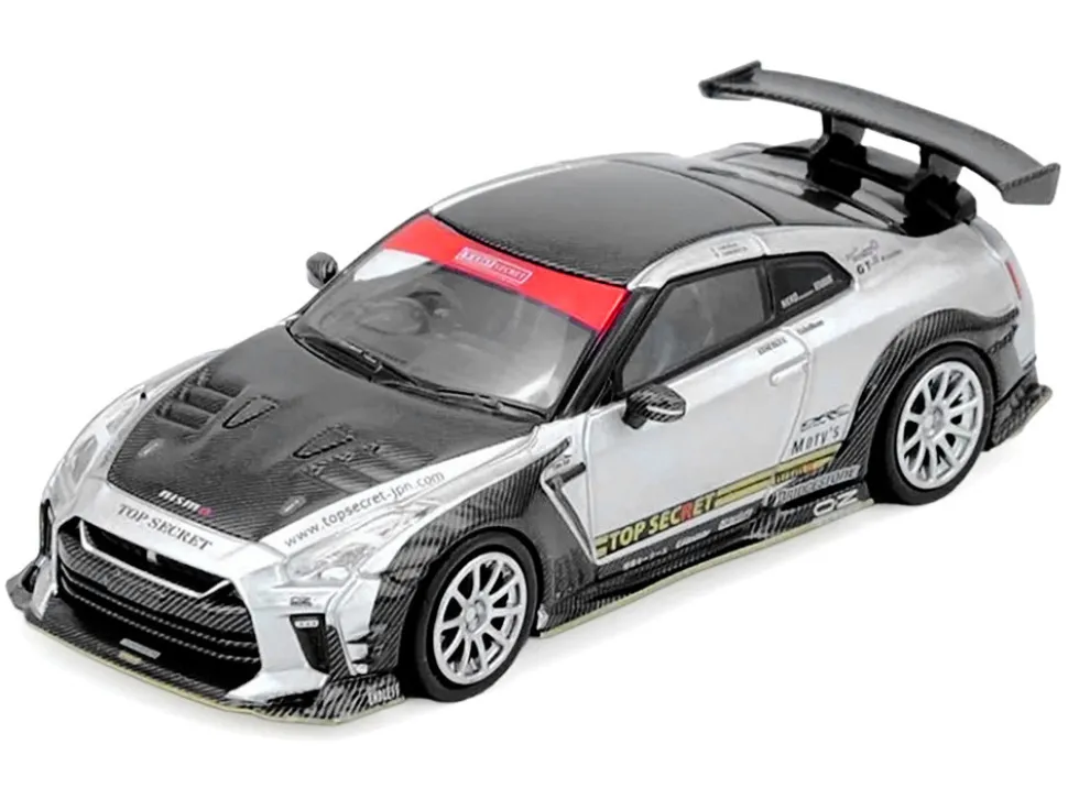 Nissan GT-R (R35) Top Secret RHD (Right Hand Drive) Silver Metallic with Carbon Hood and Top "Tokyo Auto Salon Hong Kong 2025 Event Edition" 1/64 Diecast Model Car by Inno Models
