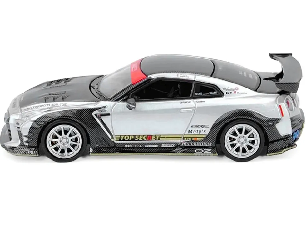 Nissan GT-R (R35) Top Secret RHD (Right Hand Drive) Silver Metallic with Carbon Hood and Top "Tokyo Auto Salon Hong Kong 2025 Event Edition" 1/64 Diecast Model Car by Inno Models