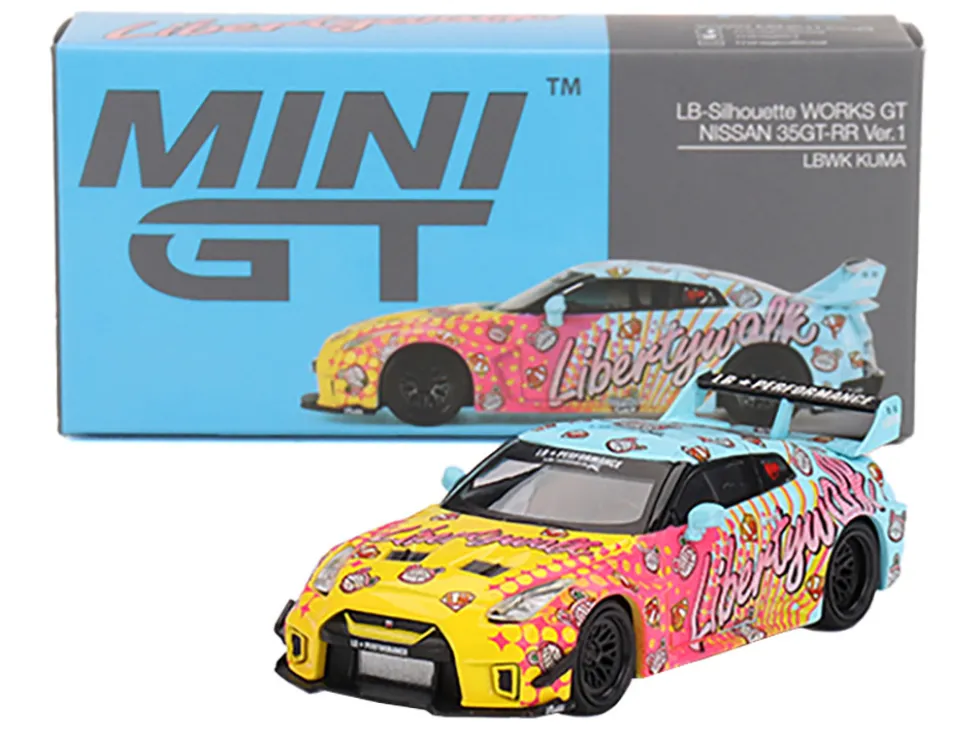 Nissan 35GT-RR Ver.1 "LB-Silhouette Works GT" Light Blue and Yellow with Graphics "LBWK KUMA" Limited Edition 1/64 Diecast Model Car by Mini GT