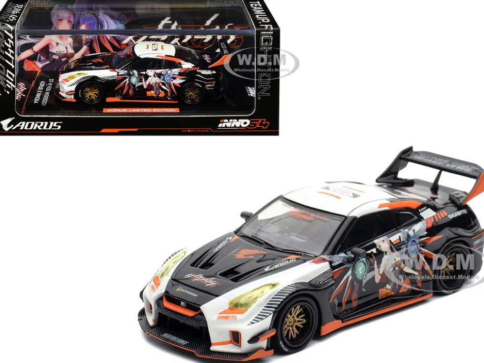 Nissan GT-R (R35) Widebody RHD (Right Hand Drive) Black and White with Graphics "AORUS X INNO64 Limited Edition" 1/64 Diecast Model Car by Inno Models