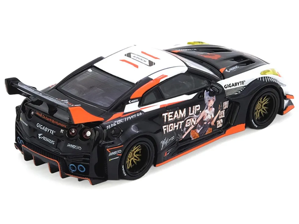 Nissan GT-R (R35) Widebody RHD (Right Hand Drive) Black and White with Graphics "AORUS X INNO64 Limited Edition" 1/64 Diecast Model Car by Inno Models