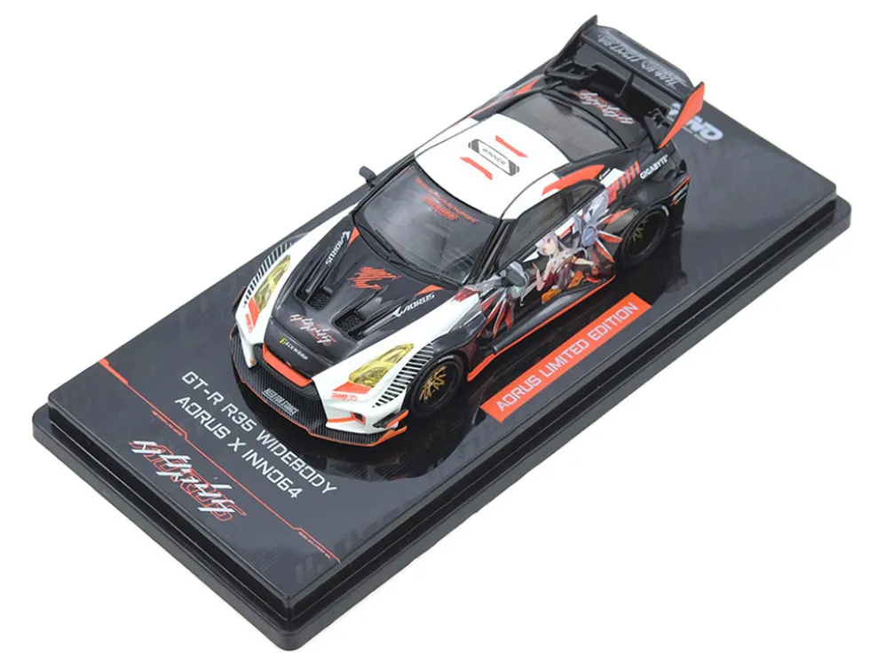 Nissan GT-R (R35) Widebody RHD (Right Hand Drive) Black and White with Graphics "AORUS X INNO64 Limited Edition" 1/64 Diecast Model Car by Inno Models