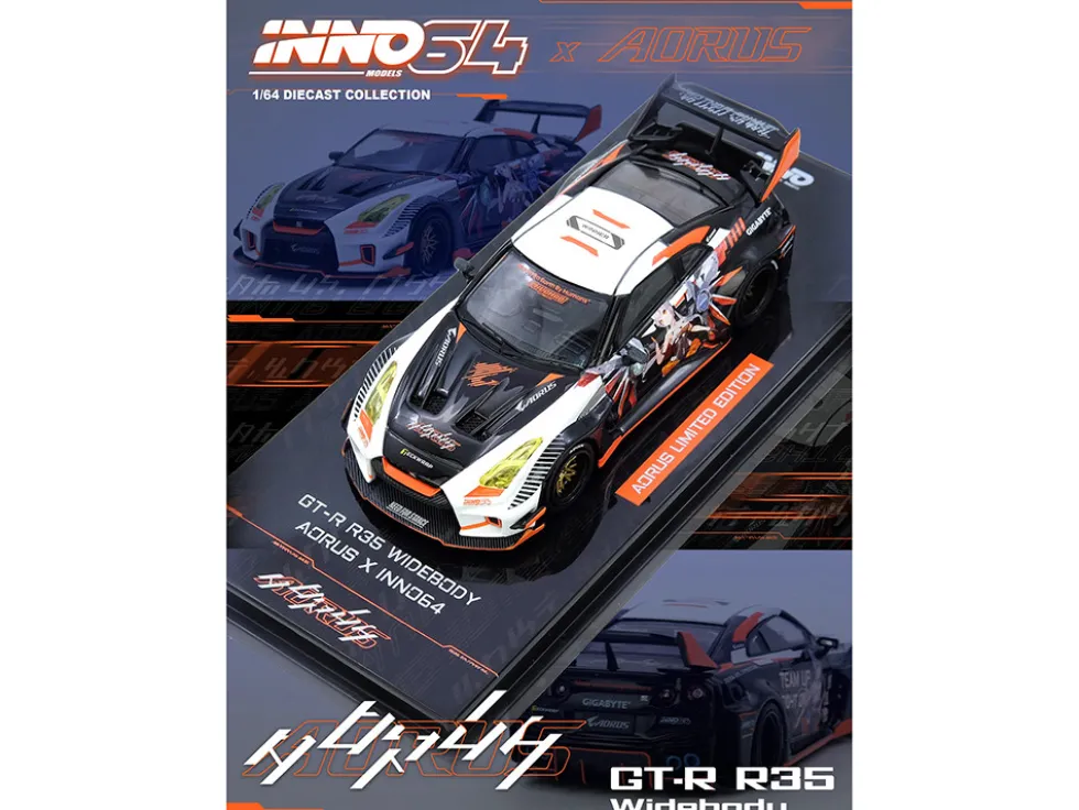 Nissan GT-R (R35) Widebody RHD (Right Hand Drive) Black and White with Graphics "AORUS X INNO64 Limited Edition" 1/64 Diecast Model Car by Inno Models