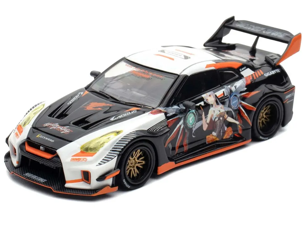 Nissan GT-R (R35) Widebody RHD (Right Hand Drive) Black and White with Graphics "AORUS X INNO64 Limited Edition" 1/64 Diecast Model Car by Inno Models