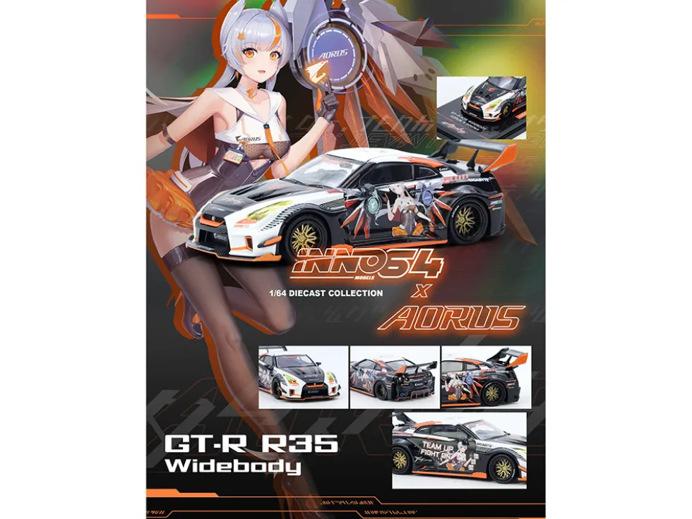 Nissan GT-R (R35) Widebody RHD (Right Hand Drive) Black and White with Graphics "AORUS X INNO64 Limited Edition" 1/64 Diecast Model Car by Inno Models