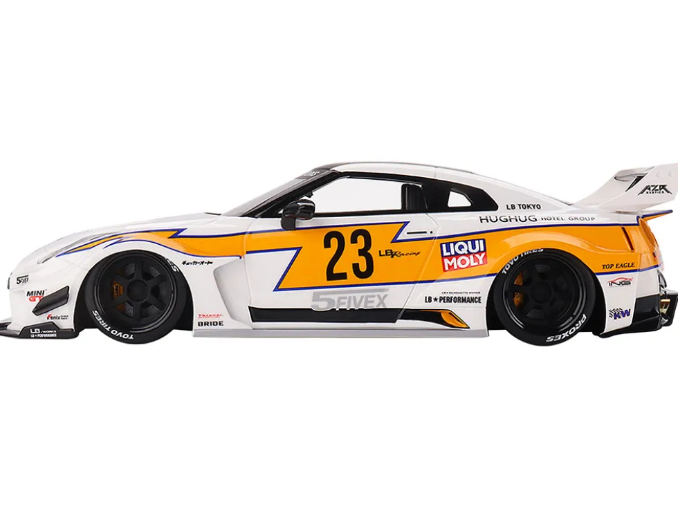 Nissan LB Silhouette WORKS GT 35GT RR Ver 1 RHD Right Hand Drive #23 White with Yellow Stripes LB Racing 1/18 Model Car Top Speed TS0465