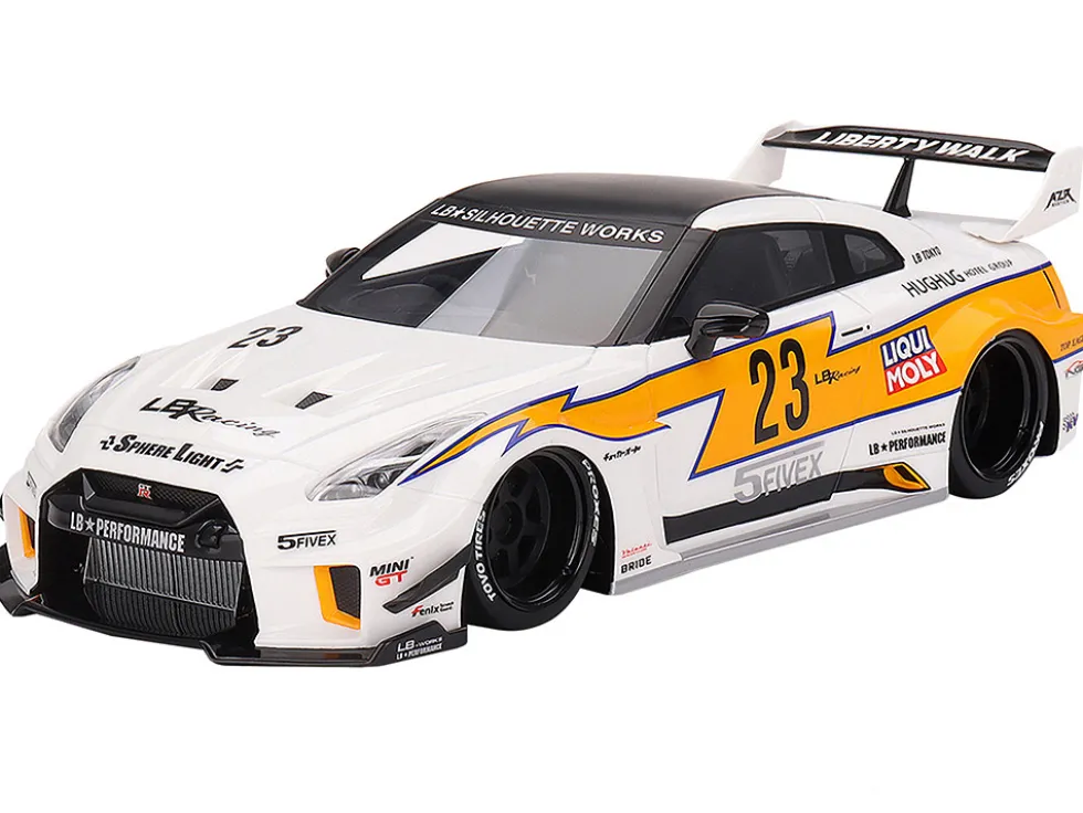 Nissan LB Silhouette WORKS GT 35GT RR Ver 1 RHD Right Hand Drive #23 White with Yellow Stripes LB Racing 1/18 Model Car Top Speed TS0465