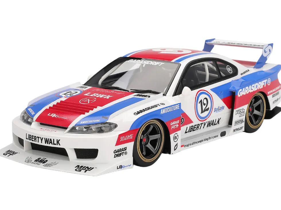 Nissan "LB-Super Silhouette" S15 SILVIA RHD (Right Hand Drive) #12 "GARASIDRIFT" White with Red and Blue Graphics 1/18 Model Car by Top Speed