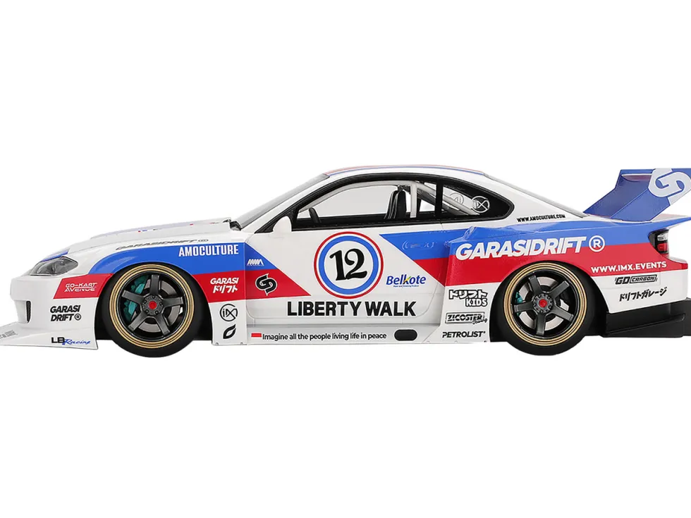 Nissan "LB-Super Silhouette" S15 SILVIA RHD (Right Hand Drive) #12 "GARASIDRIFT" White with Red and Blue Graphics 1/18 Model Car by Top Speed