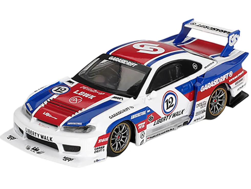 Nissan "LB-Super Silhouette" S15 SILVIA RHD (Right Hand Drive) "GARASIDRIFT x LBWK 2025" White with Blue and Red Stripes Limited Edition 1/64 Diecast Model Car by Mini GT