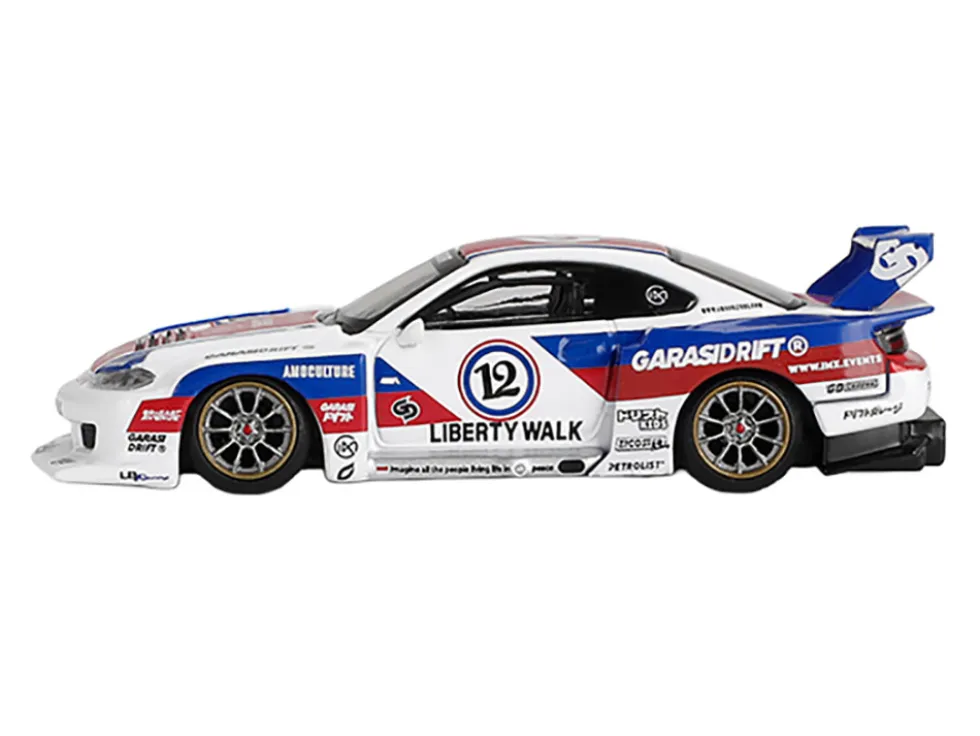 Nissan "LB-Super Silhouette" S15 SILVIA RHD (Right Hand Drive) "GARASIDRIFT x LBWK 2025" White with Blue and Red Stripes Limited Edition 1/64 Diecast Model Car by Mini GT
