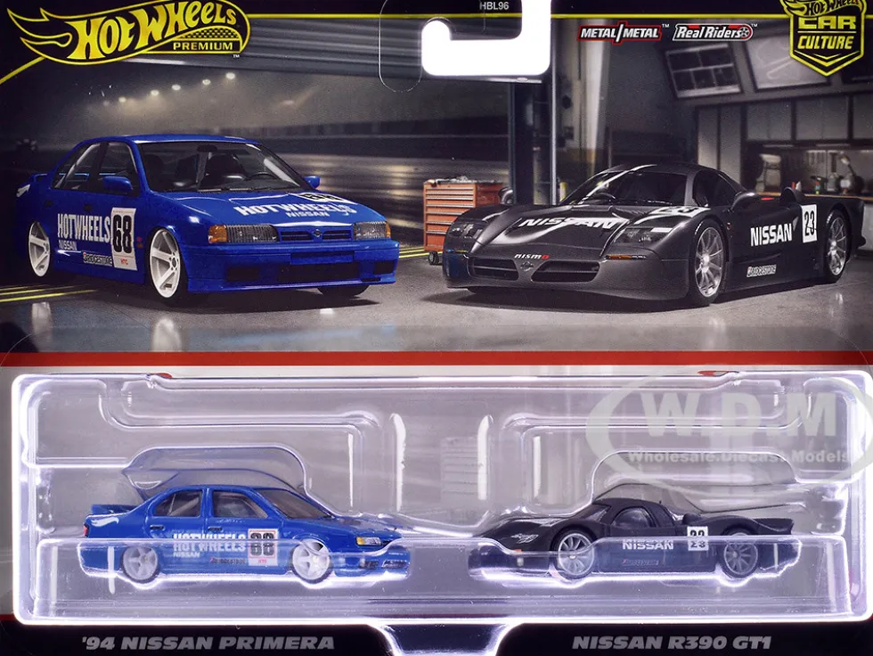 1994 Nissan Primera RHD (Right Hand Drive) #68 Blue and Nissan R390 GT1 #23 Matt Black "Car Culture" Set of 2 Cars Diecast Model Cars by Hot Wheels