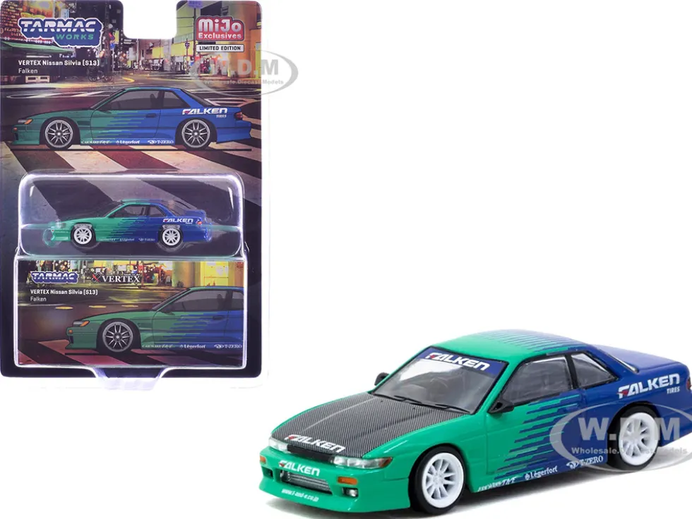Nissan Silvia (S13) Vertex RHD (Right Hand Drive) "Falken Tires" Green and Blue wuth Carbon Hood "Global64" Series 1/64 Diecast Model by Tarmac Works