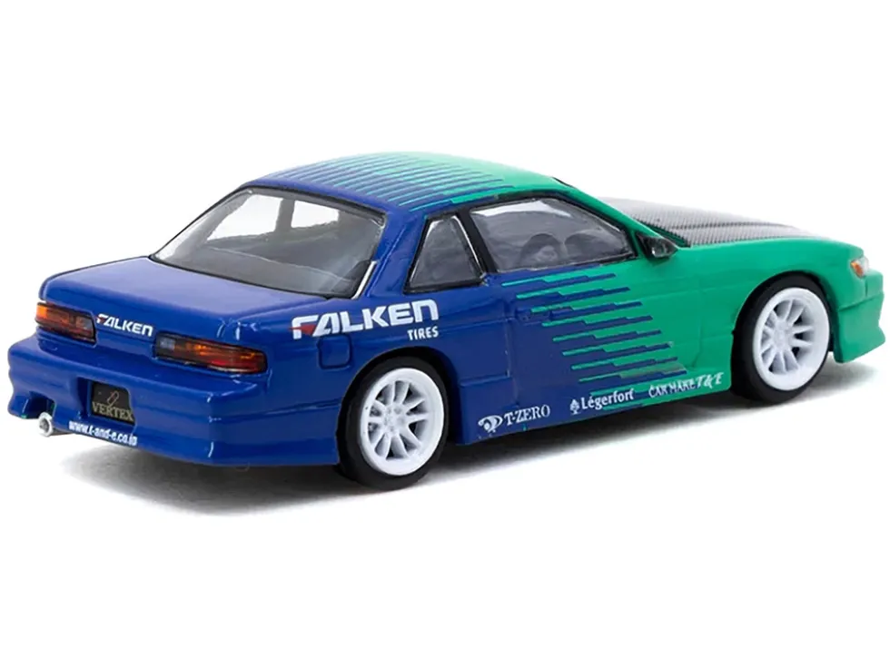 Nissan Silvia (S13) Vertex RHD (Right Hand Drive) "Falken Tires" Green and Blue wuth Carbon Hood "Global64" Series 1/64 Diecast Model by Tarmac Works