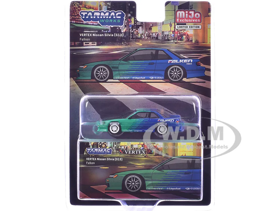 Nissan Silvia (S13) Vertex RHD (Right Hand Drive) "Falken Tires" Green and Blue wuth Carbon Hood "Global64" Series 1/64 Diecast Model by Tarmac Works