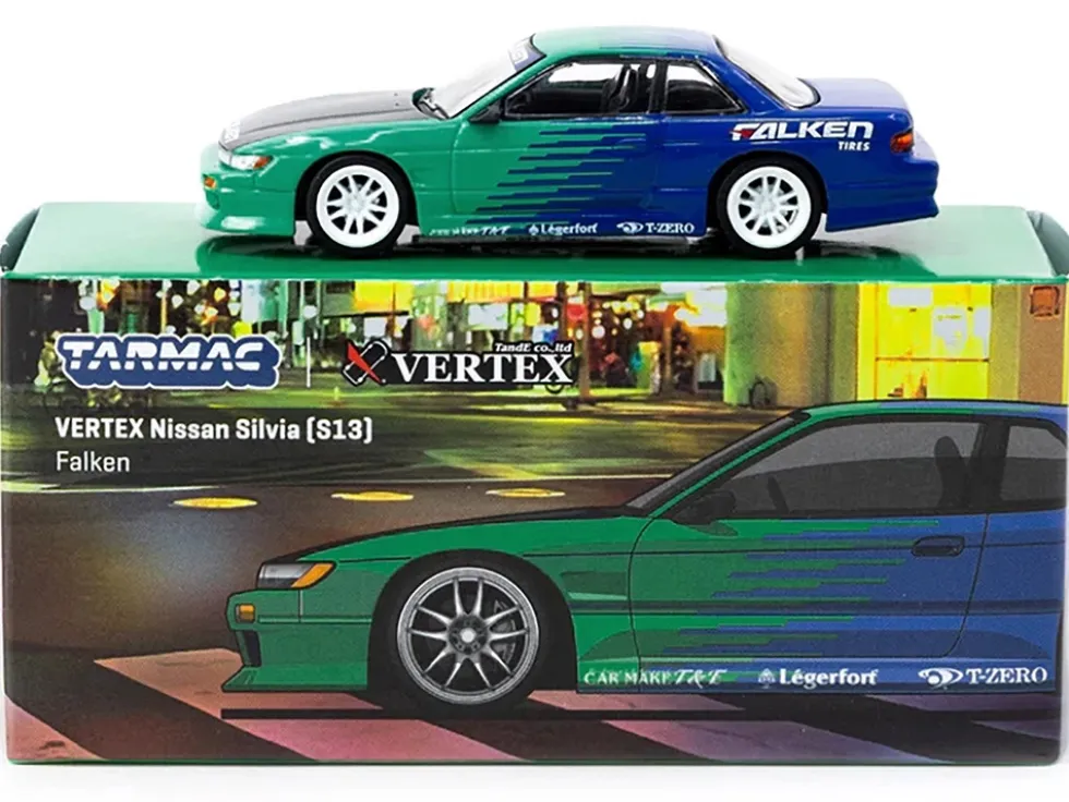 Nissan Silvia (S13) Vertex RHD (Right Hand Drive) "Falken Tires" Green and Blue wuth Carbon Hood "Global64" Series 1/64 Diecast Model by Tarmac Works
