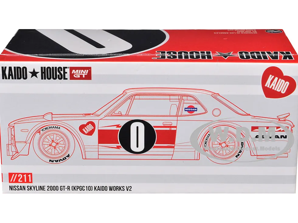 Nissan Skyline 2000GT-R (KPGC10) "Kaido Works V2" RHD (Right Hand Drive) White with Red Stripes (Designed by Jun Imai) "Kaido House" Special 1/64 Diecast Model Car by Mini GT