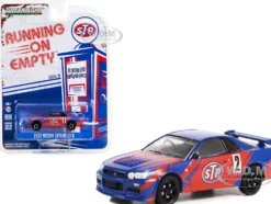 2002 Nissan Skyline GT R R34 #2 Blue with Red Graphics STP Running on Empty Series 15 1/64 Diecast Model Car Greenlight 41150D