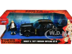 1971 Nissan Skyline GT R RHD Right Hand Drive Black with Silver Stripe and Mikey Diecast Figure Tokyo Revengers 2021 TV Series 