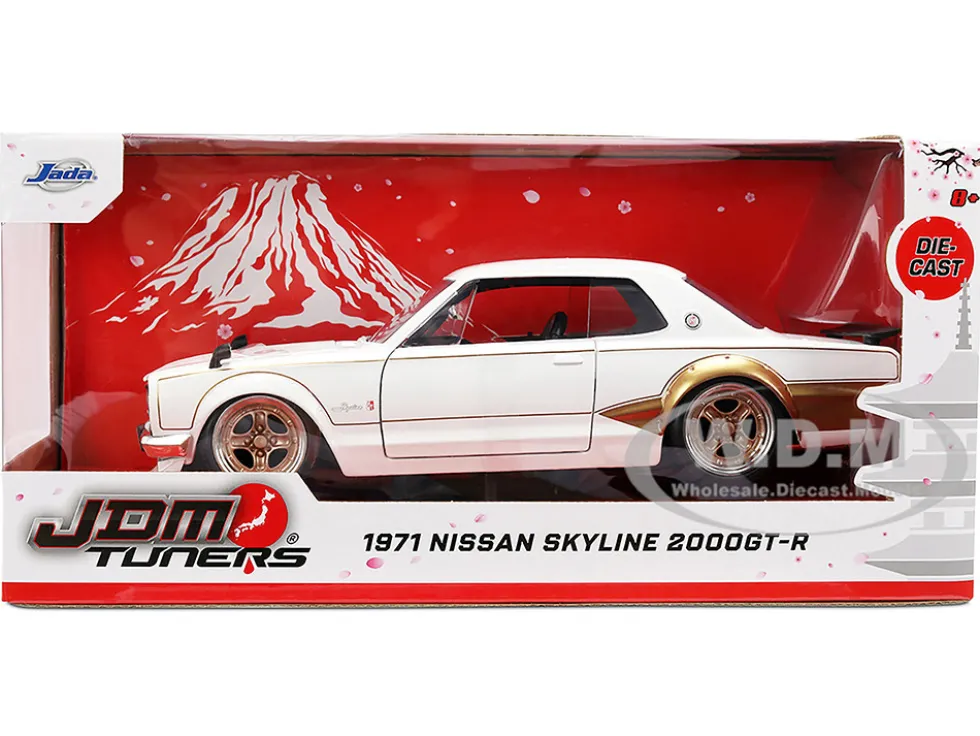 1971 Nissan Skyline 2000GT-R RHD (Right Hand Drive) White with Gold Graphics "JDM Tuners" Series 1/24 Diecast Model Car by Jada