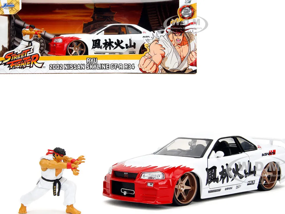 2002 Nissan Skyline GT-R (R34) RHD (Right Hand Drive) White with Red Graphics and Ryu Diecast Figure "Street Fighter" Video Game "Anime Hollywood Rides" Series 1/24 Diecast Model Car by Jada