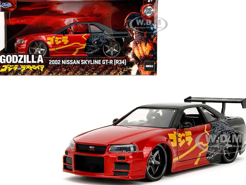 2002 Nissan Skyline GT-R (R34) RHD (Right Hand Drive) Red Metallic and Black "Godzilla vs. Destoroyah" (1995) Movie "Hollywood Rides" Series 1/24 Diecast Model Car by Jada