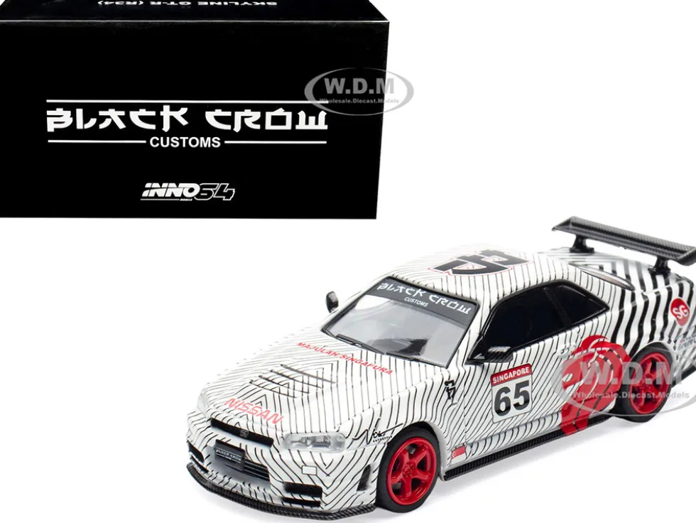 Nissan Skyline GT-R (R34) RHD (Right Hand Drive) #65 "Black Crow" White with Black Pinstripes "Singapore Diecast Expo 2025 Event Edition" 1/64 Diecast Model Car by Inno Models