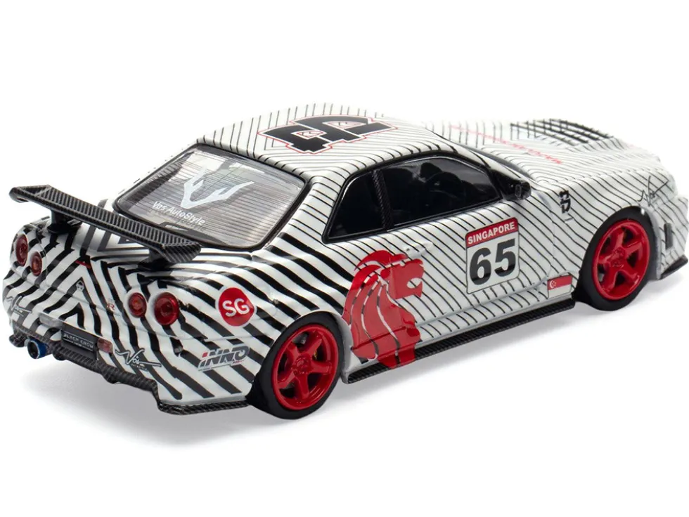 Nissan Skyline GT-R (R34) RHD (Right Hand Drive) #65 "Black Crow" White with Black Pinstripes "Singapore Diecast Expo 2025 Event Edition" 1/64 Diecast Model Car by Inno Models