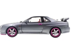 1999 Nissan Skyline GT-R (R34) RHD (Right Hand Drive) Silver Metallic with Purple Wheels 1/18 Diecast Model Car by Solido