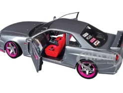 1999 Nissan Skyline GT-R (R34) RHD (Right Hand Drive) Silver Metallic with Purple Wheels 1/18 Diecast Model Car by Solido