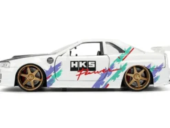 2002 Nissan Skyline GT-R (R34) RHD (Right Hand Drive) "HKS Power" White with Carbon Hood and Graphics "JDM Tuners" Series 1/24 Diecast Model Car by Jada