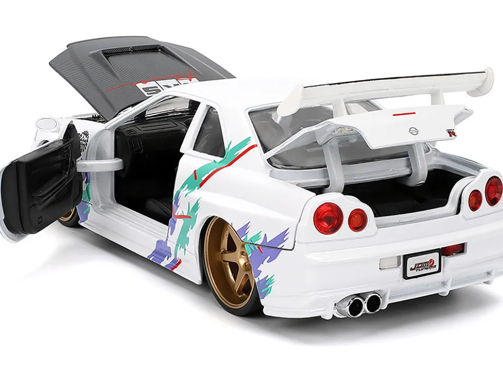2002 Nissan Skyline GT-R (R34) RHD (Right Hand Drive) "HKS Power" White with Carbon Hood and Graphics "JDM Tuners" Series 1/24 Diecast Model Car by Jada