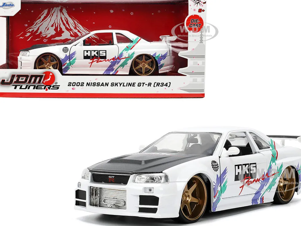 2002 Nissan Skyline GT-R (R34) RHD (Right Hand Drive) "HKS Power" White with Carbon Hood and Graphics "JDM Tuners" Series 1/24 Diecast Model Car by Jada