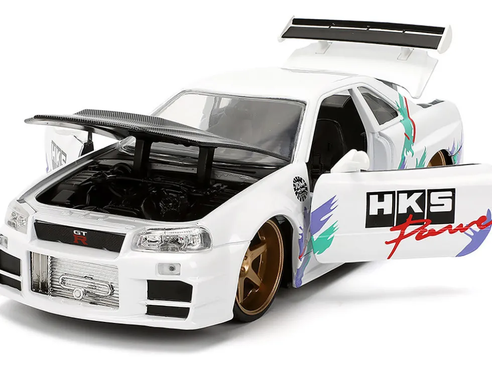 2002 Nissan Skyline GT-R (R34) RHD (Right Hand Drive) "HKS Power" White with Carbon Hood and Graphics "JDM Tuners" Series 1/24 Diecast Model Car by Jada