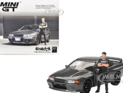 Nissan Skyline GT-R (R32) RHD (Right Hand Drive) Gunmetal Gray Metallic with Tsugio Matsuda Figure Limited Edition 1/64 Diecast Model Car by Mini GT