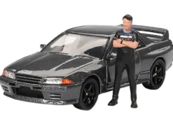 Nissan Skyline GT-R (R32) RHD (Right Hand Drive) Gunmetal Gray Metallic with Tsugio Matsuda Figure Limited Edition 1/64 Diecast Model Car by Mini GT