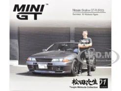 Nissan Skyline GT-R (R32) RHD (Right Hand Drive) Gunmetal Gray Metallic with Tsugio Matsuda Figure Limited Edition 1/64 Diecast Model Car by Mini GT