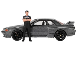 Nissan Skyline GT-R (R32) RHD (Right Hand Drive) Gunmetal Gray Metallic with Tsugio Matsuda Figure Limited Edition 1/64 Diecast Model Car by Mini GT